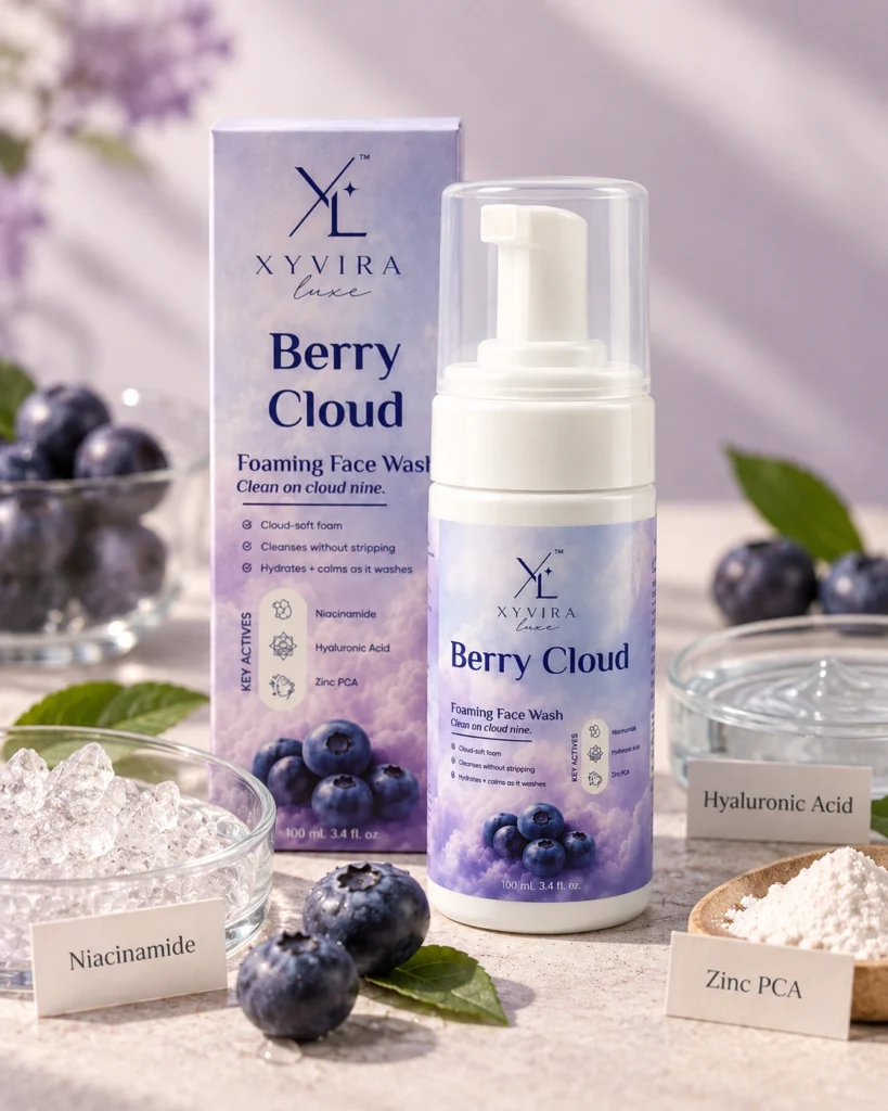 Berry Cloud Foaming Facewash photographed with its key ingredients