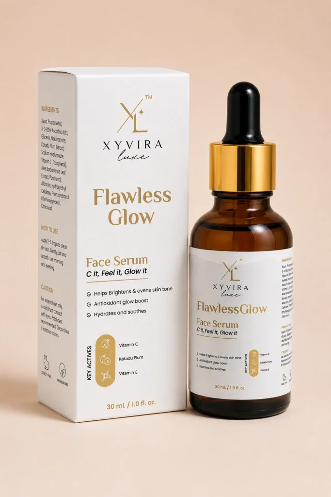 Flawless Glow Face Serum carton showing the ingredients list and directions