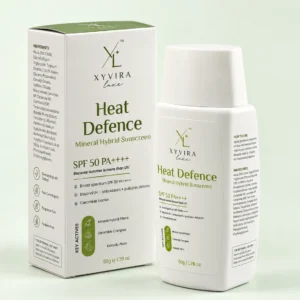 Heat Defence Mineral Hybrid Sunscreen carton showing the ingredients list and directions