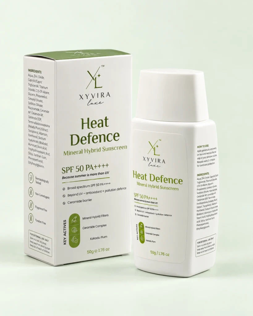 Heat Defence Mineral Hybrid Sunscreen carton showing the ingredients list and directions