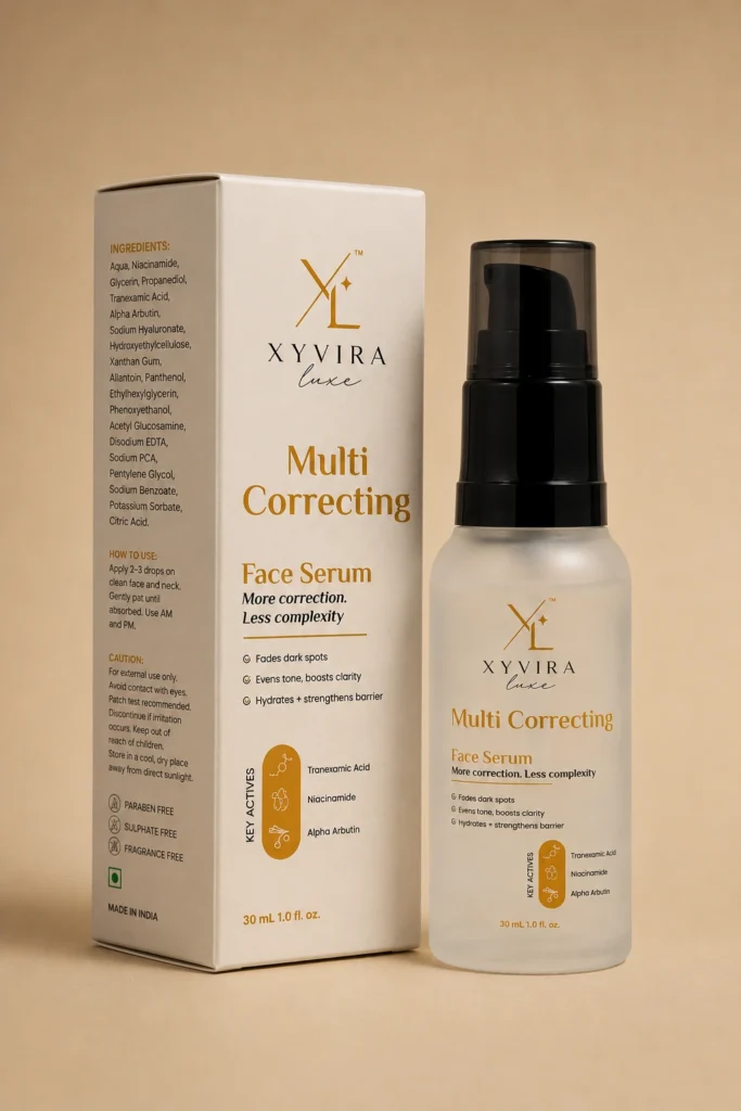 Multi Correcting Face Serum carton showing the ingredients list and directions