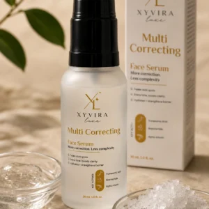 Multi Correcting Face Serum photographed with its key ingredients