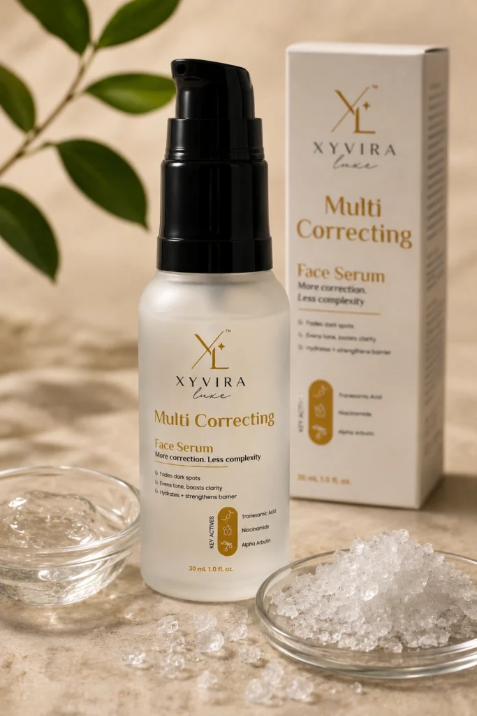 Multi Correcting Face Serum photographed with its key ingredients