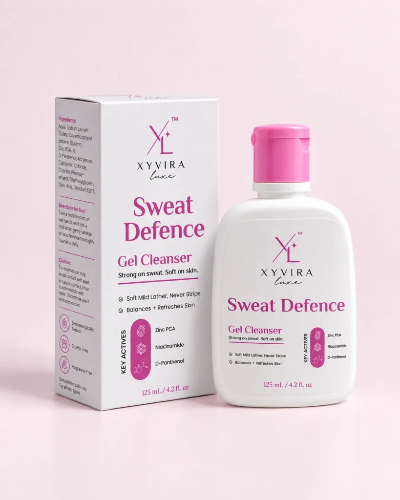 Sweat Defence Gel Cleanser carton showing the ingredients list and directions
