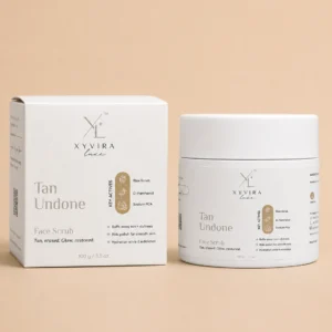 Tan Undone Face Scrub carton showing the ingredients list and directions