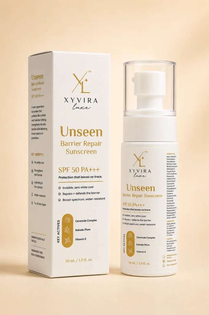 Unseen Barrier Repair Sunscreen carton showing the ingredients list and directions