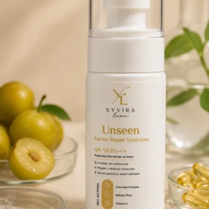 Unseen Barrier Repair Sunscreen photographed with its key ingredients