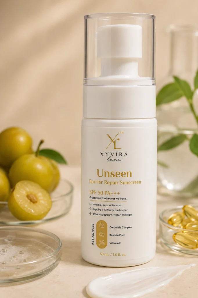 Unseen Barrier Repair Sunscreen photographed with its key ingredients