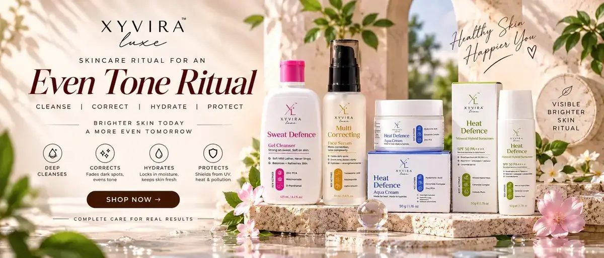 The Xyvira Luxe Even Tone Ritual set — cleanser, serum, cream and sunscreen